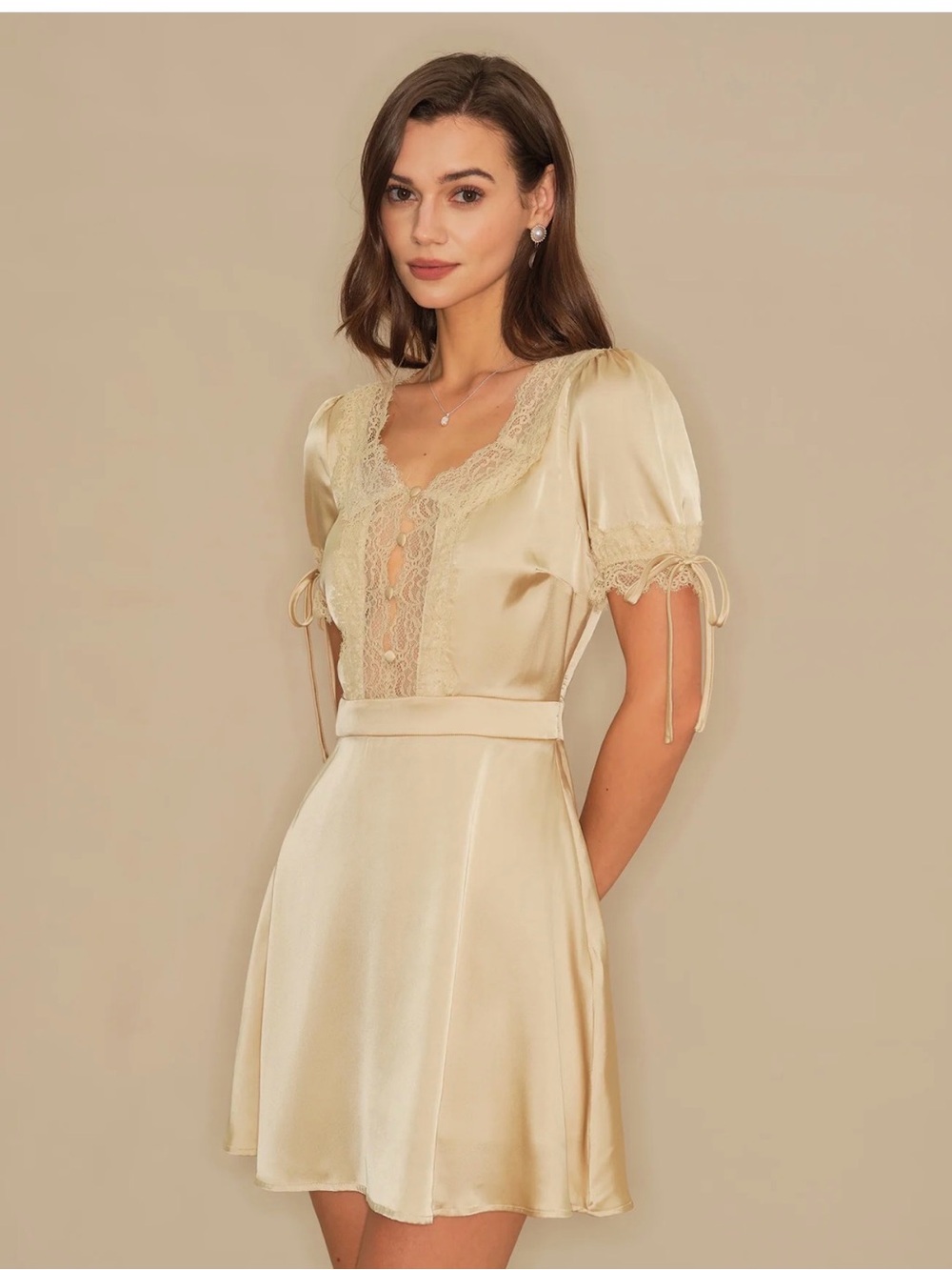 Rihoas Apricot Satin Lace Mini Dress Medium NWT V Neck Cottagecore Romantic